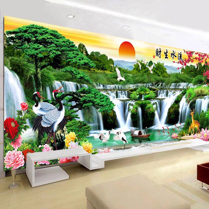 流水生财十字绣成品迎客松山水画