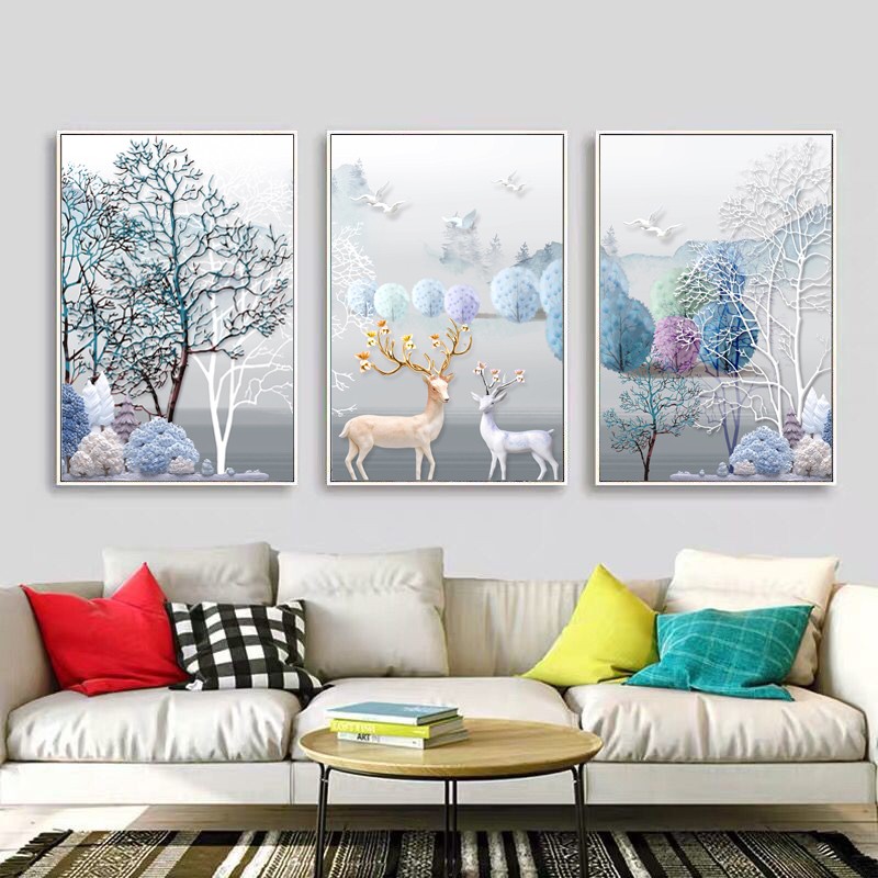纯手工钻石画成品三联画麋鹿挂画
