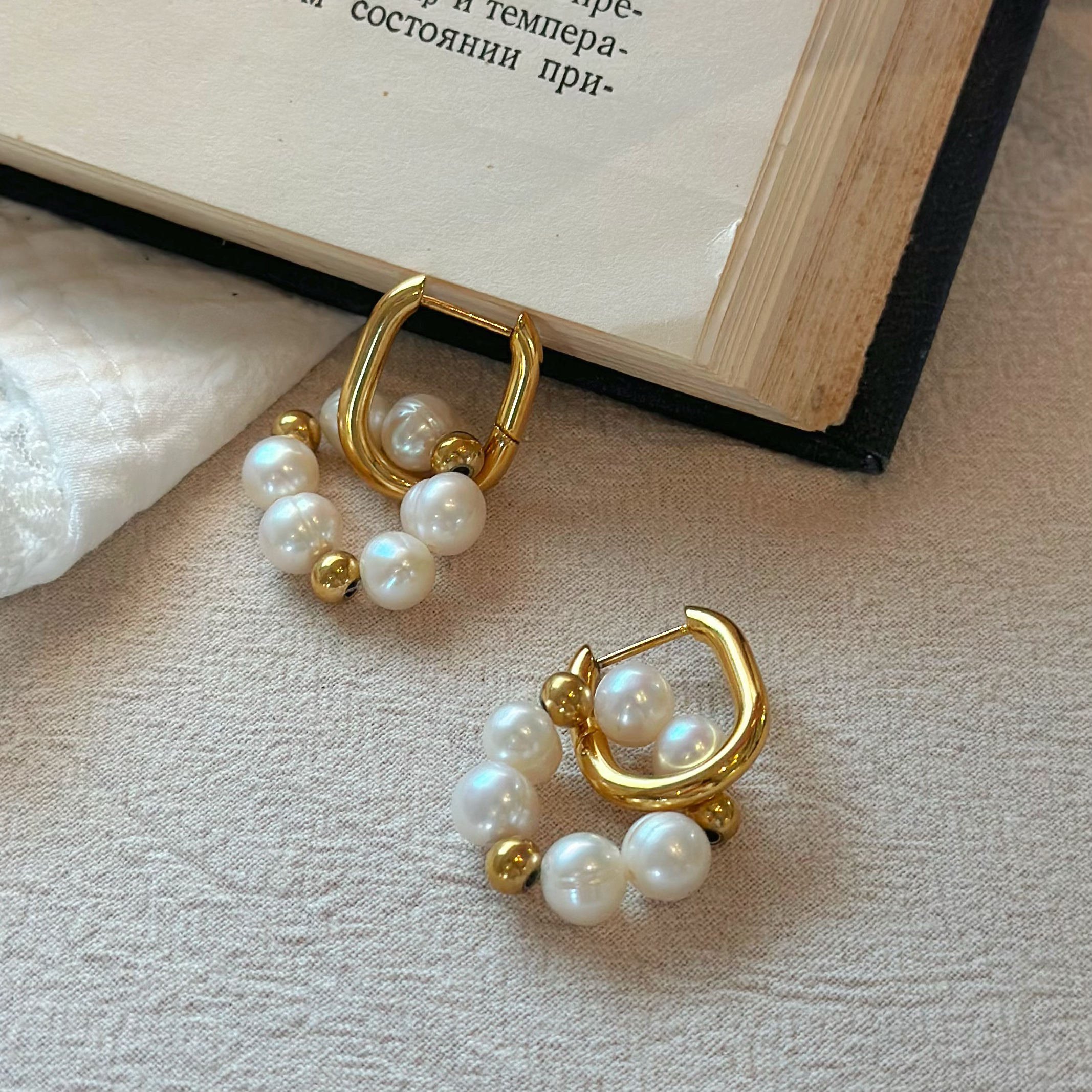 734钛钢天然珍珠一款多带夸张耳环法式复古高级感温柔风耳饰简约