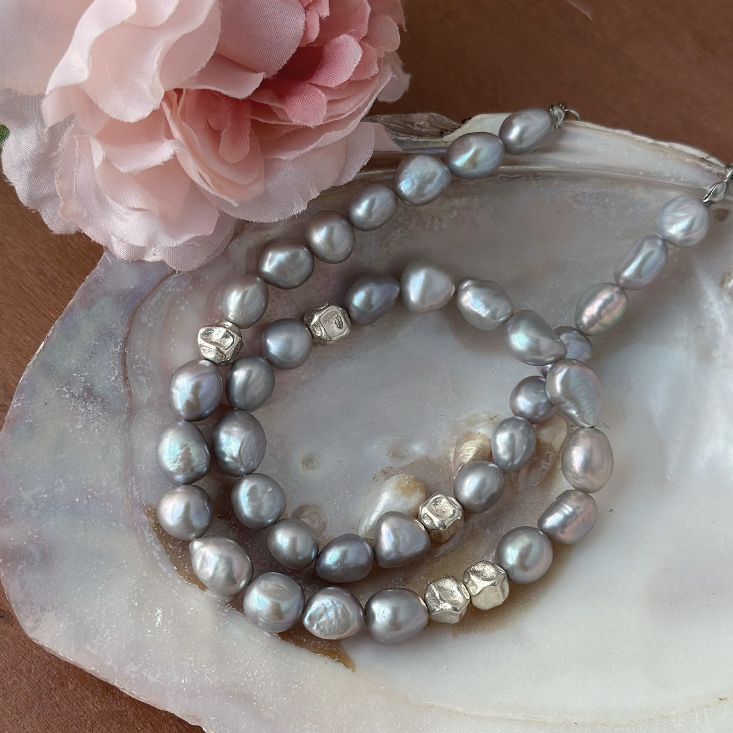 734天然巴洛克不规则s925银石头珍珠锁骨项链OT毛衣链百搭精致