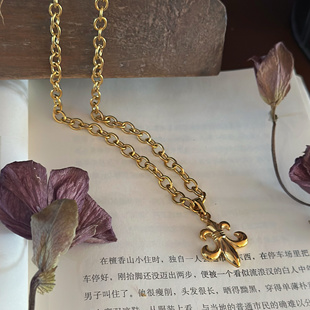 734钛钢鸢尾花锁骨项链十字复古暗黑卫衣链加粗重工不掉色可洗澡