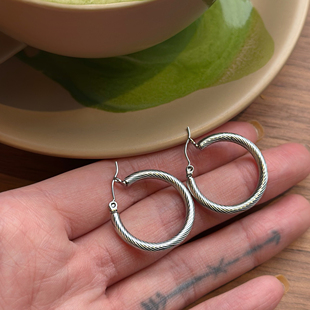 734钛钢不掉色罗纹素圈耳环高级感气质法式 通勤耳圈质感耳饰