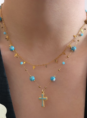 734钛钢可洗澡十字架蓝色串珠小众欧美高级项链女锁骨链百搭颈链