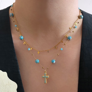 734钛钢可洗澡十字架蓝色串珠小众欧美高级项链女锁骨链百搭颈链