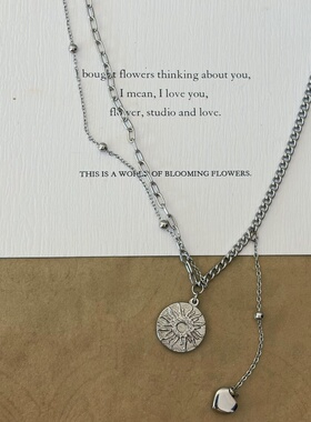 734钛钢不掉色可洗澡双层拼接太阳项链月亮爱心锁骨链白金色