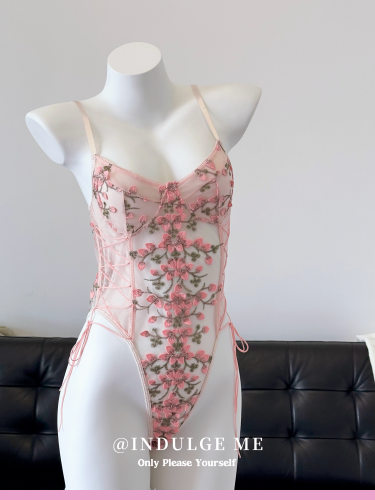 indulgeme梦醒时分*性感透视内衣欧美蕾丝花朵刺绣绑带连体衣女