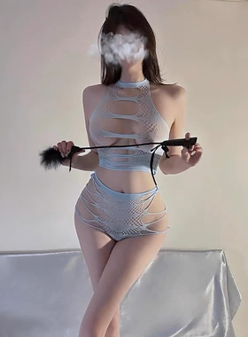 indulge me 蓝色捕梦网*镂空提花三点式紧身分体两件套欧美款内衣