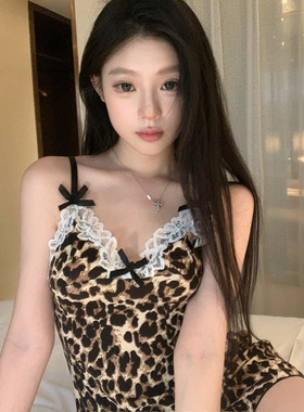 ind钓系豹纹*性感豹纹睡裙美拉德蕾丝高级感禁欲系蕾丝吊带开叉裙