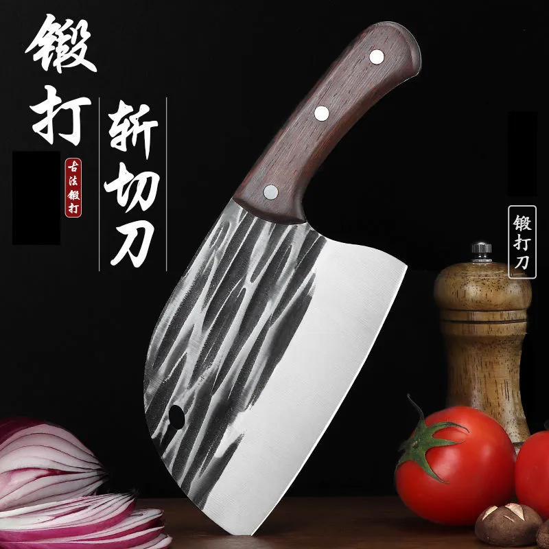 龙泉锻打菜刀家用鱼头斩骨切菜切肉杀鱼刀手工锻打锤纹厨师砍骨刀