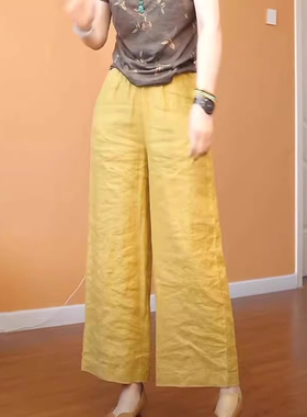 清仓捡漏黄色亚麻九分阔腿裤女大码小个子宽松高腰妈妈直筒休闲裤