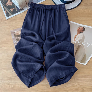 小个子棉麻九分阔腿休闲裤 清仓捡漏藏青色亚麻直筒裤 女士垂感大码