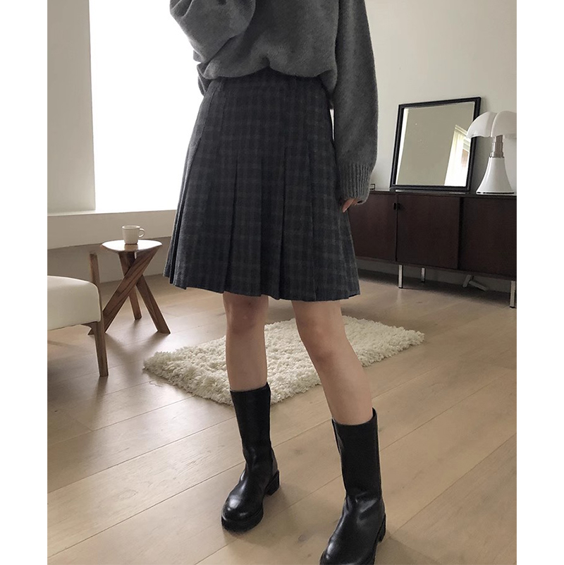 洋气灰色格子毛呢百褶半身裙