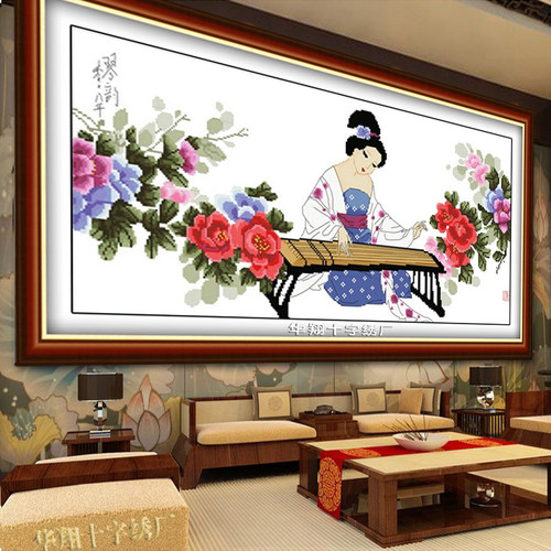机绣十字绣成品天姿国色古筝古琴绣好的古装美女茶楼简约挂画出售