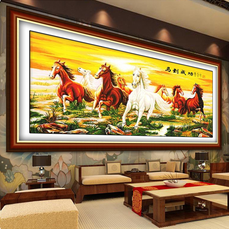 前程似锦绣好的八骏图马到成功八匹马十字绣成品机绣出售客厅简约