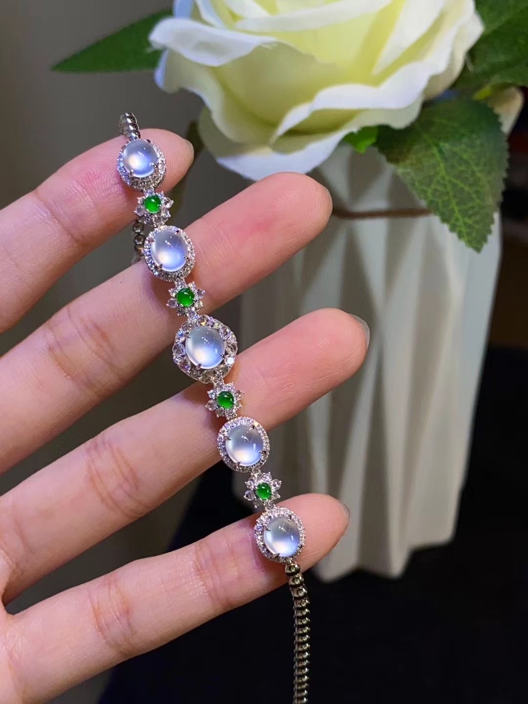 缅甸天然翡翠手链老坑玻璃种白冰蛋面手链天然a货翡翠钻石手链2号