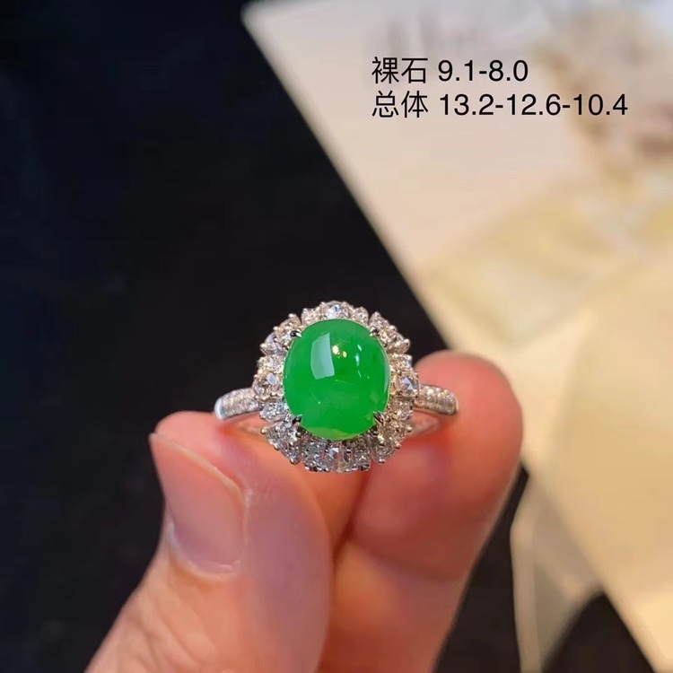 天然翡翠戒指老坑玻璃种正阳绿女款翡翠戒指缅甸翡翠戒指满绿蛋面