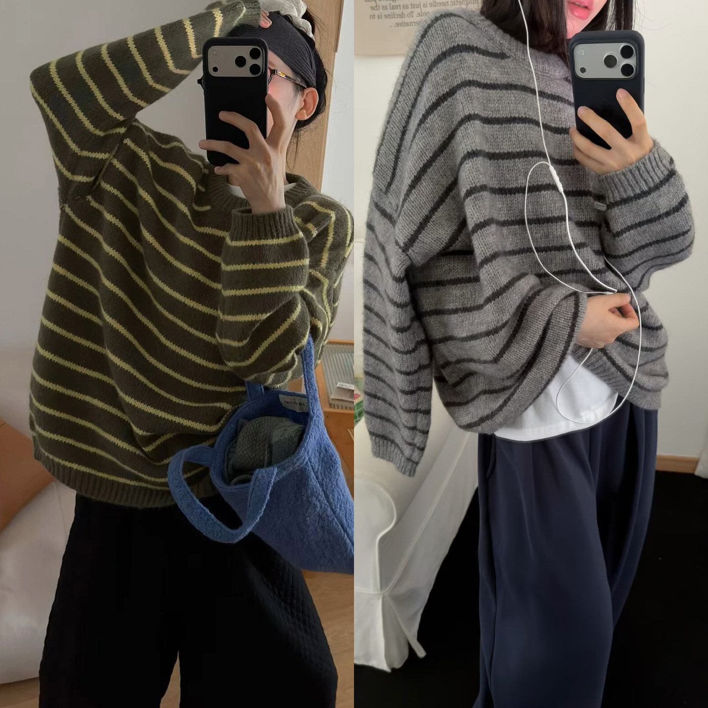 慵懒风宽松套头条纹毛衣