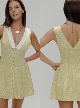 日光香颂 V领修身收腰显瘦连衣裙刺绣清新波点减龄气质撞色背心裙