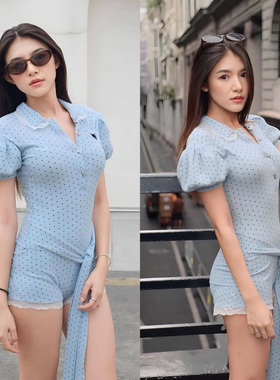 初恋序章 博主花边拼接爱心镂空泡泡袖波点腰带连体裤小众纯欲风