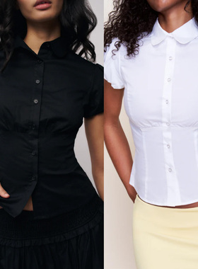古早叙事 美式复古收腰泡泡袖翻领显瘦短款高腰休闲衬衫百度上衣