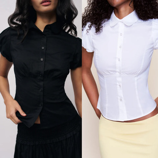 古早叙事 美式复古收腰泡泡袖翻领显瘦短款高腰休闲衬衫百度上衣