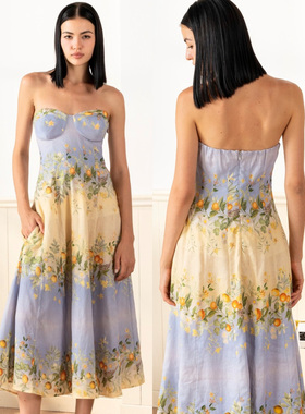 莫奈花园 波西米亚度假风定位仿麻印花连衣裙性感收腰吊带裙长裙