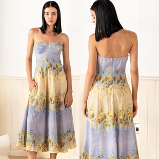 莫奈花园 波西米亚度假风定位仿麻印花连衣裙性感收腰吊带裙长裙