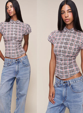 爱心密语 复古收腰泡泡袖卡通衬衫格纹提花可爱风休闲高腰上衣女