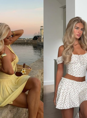 假日漫游 绑带一字肩碎花小上衣休闲松紧腰防走光半身裙约会套装