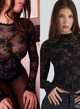 香氛派对欧美风弹力紧身性感镂空透视长袖钩花蕾丝打底衫束腰上衣