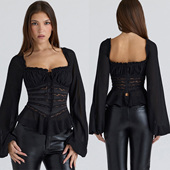 暮色沦陷 方领高腰纯欲显瘦复古衬衫 house同款 荷叶边蕾丝镂空长袖