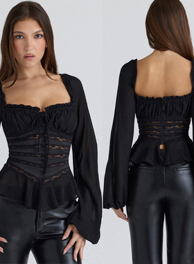 暮色沦陷 house同款荷叶边蕾丝镂空长袖方领高腰纯欲显瘦复古衬衫