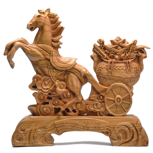 桃木马拉元宝聚宝盆木马摆件生肖马实木雕刻木质木雕马装饰工艺品