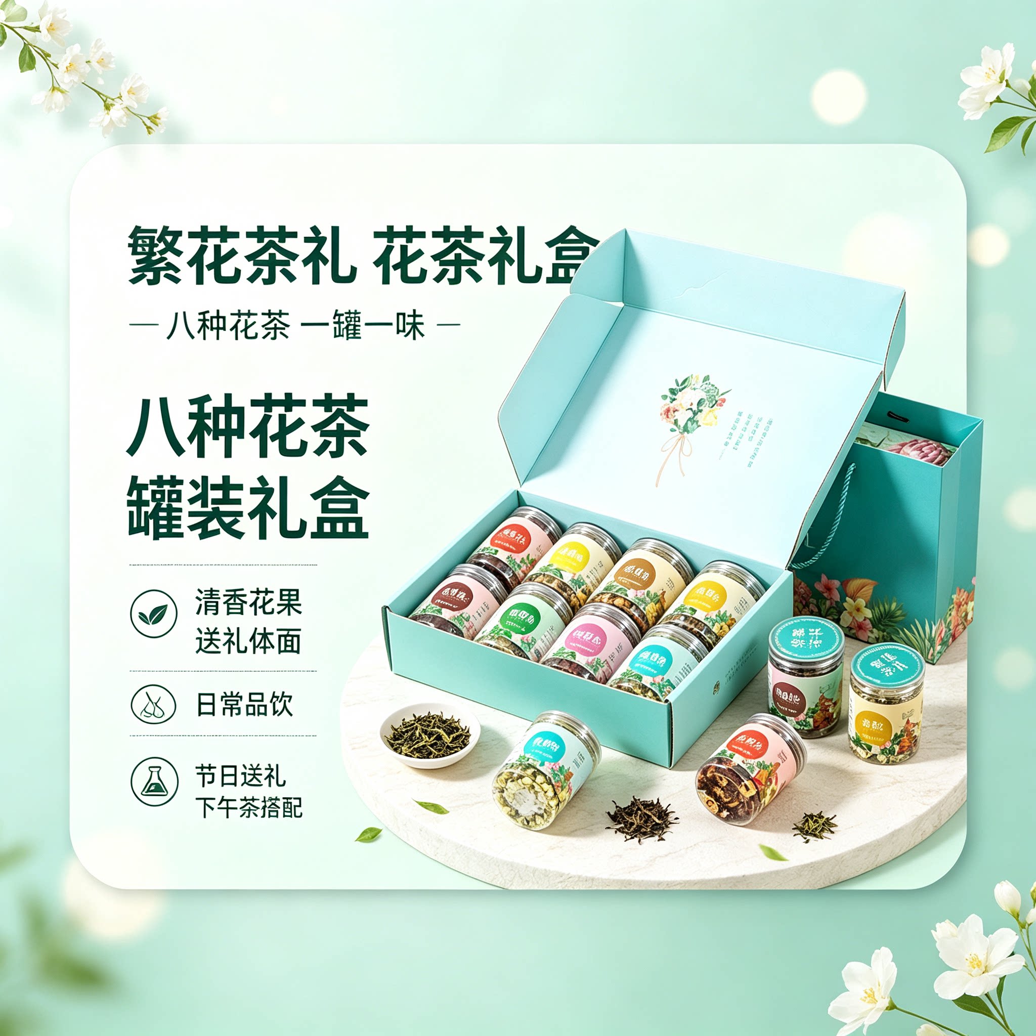 繁花茶礼花茶礼盒八罐组合罐装花