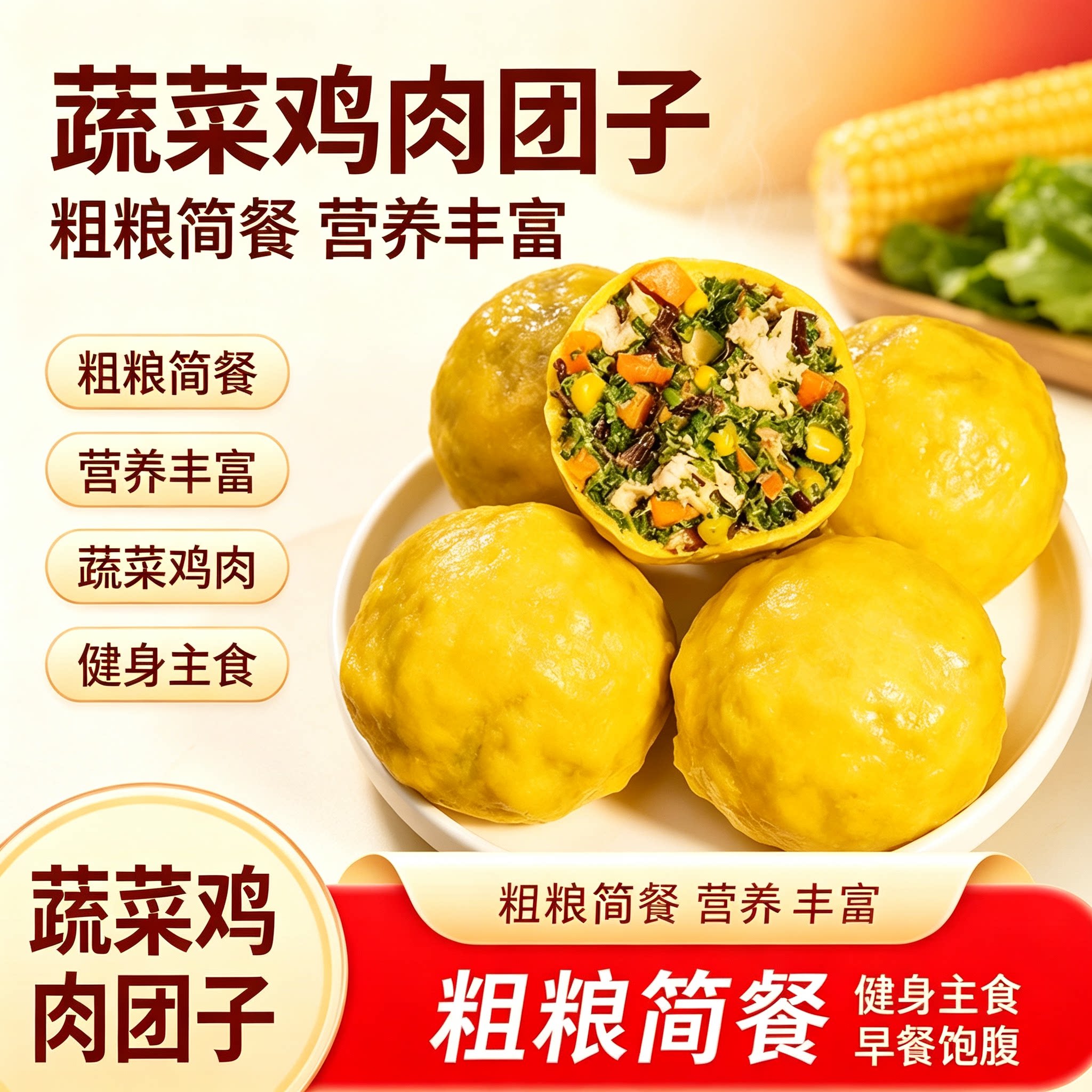 蔬菜鸡肉粗粮团子低脂高饱腹健身
