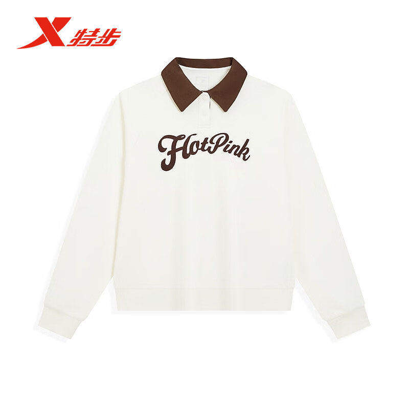 特步女款翻领卫衣2026春季新款百搭时尚印花针织上衣974128920495