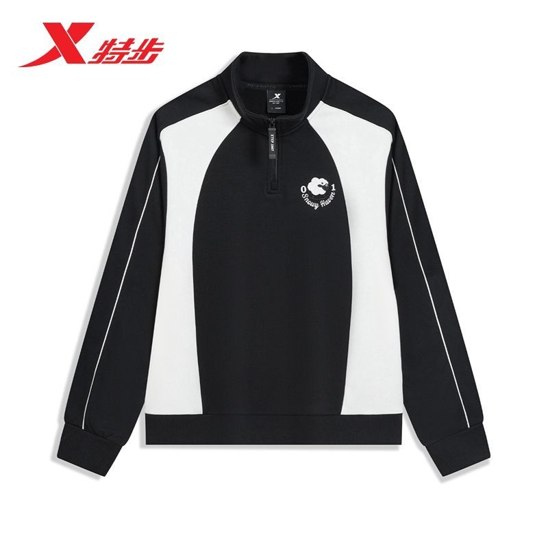 特步女立领加绒套头卫衣2025冬款半拉链保暖针织上衣975428920243