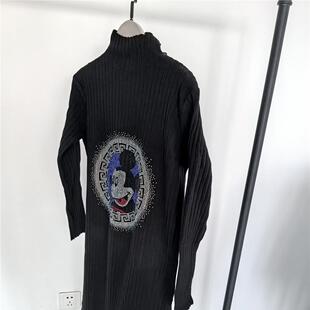 潮牌烫钻半高领毛线针织裙秋冬保暖卡通烫钻休闲连衣裙长裙打底裙