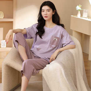 套装 芬腾清睡衣女纯棉新款 可外穿家居服条纹印花韩版 夏季 2315 短袖