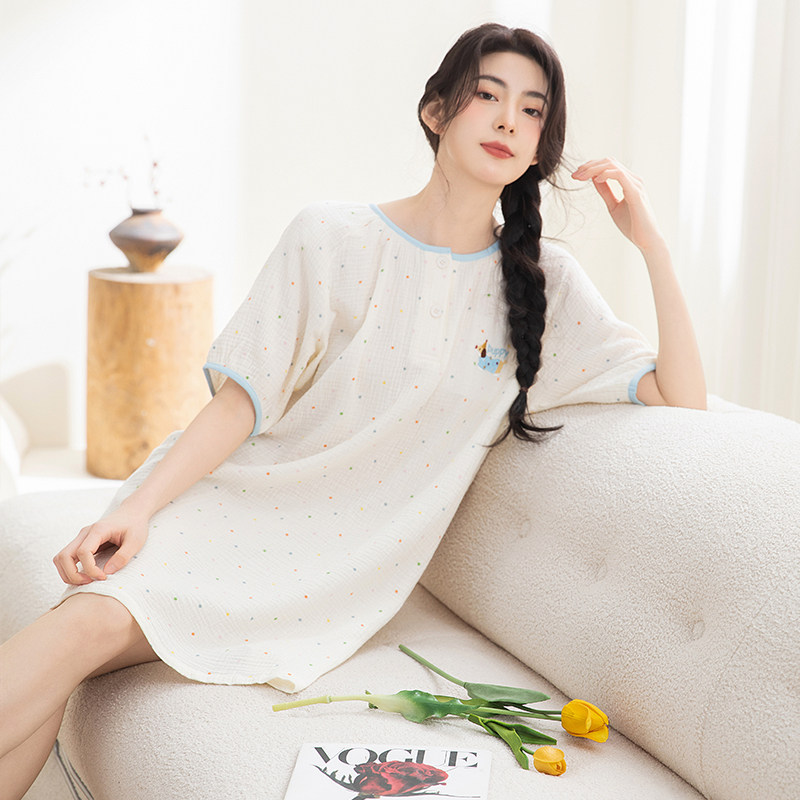 睡裙女纯棉短袖中裙舒适圆领休闲简约套装夏季睡衣家居服25036