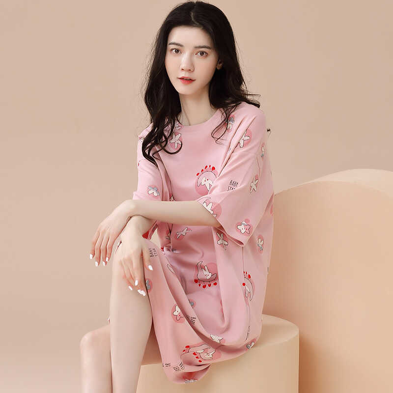 睡裙女款圆领短袖纯棉夏季新款韩版宽松甜美可外穿家居服印花8814
