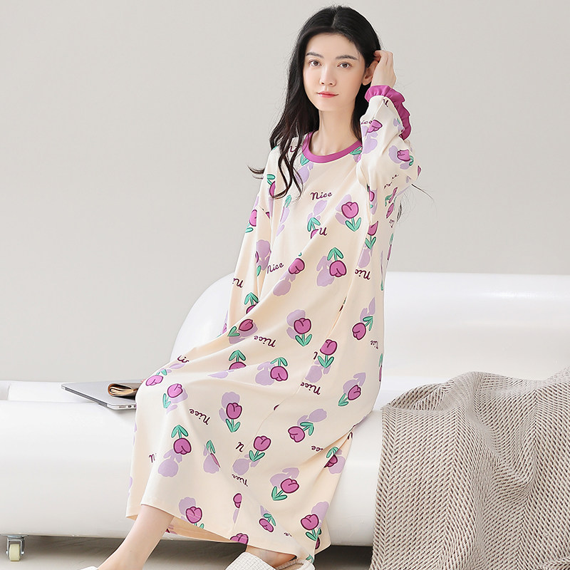 睡裙女款秋季长袖中裙圆领纯棉可外穿家居服韩版宽松睡衣7218