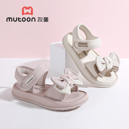 牧童童鞋夏季款女童韩版堆叠蝴蝶结舒适宽底面包鞋皮质休闲凉鞋