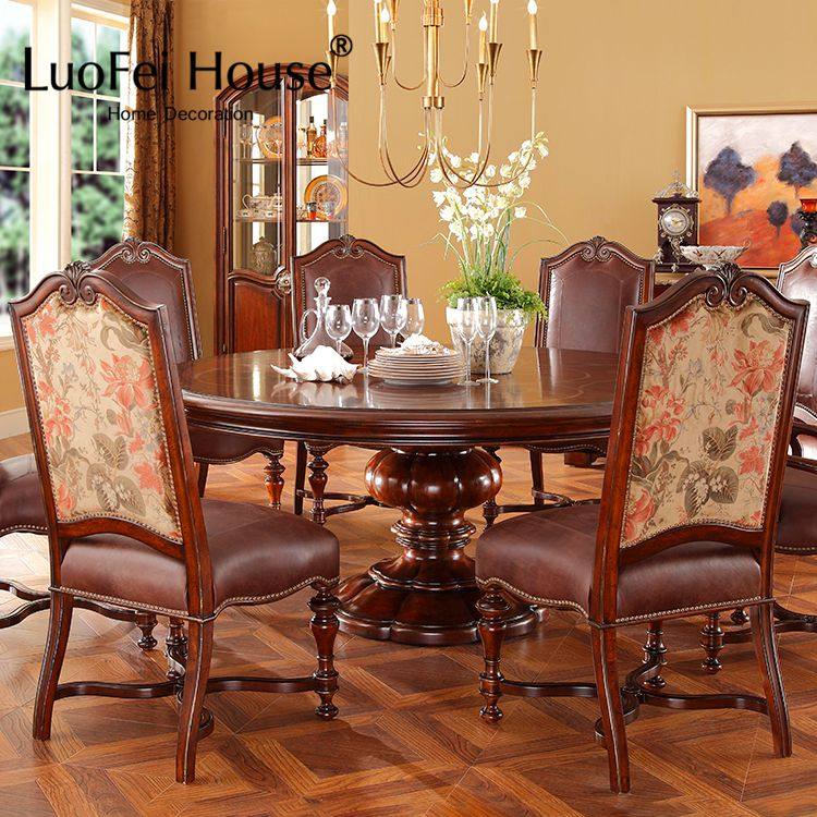 富邦美品经典美式桃花芯实木仿古酒红圆餐桌1.35米别墅定制宴会桌