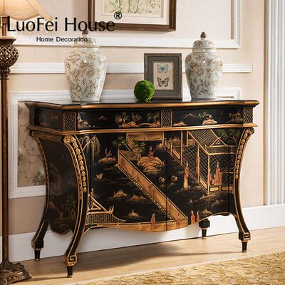 美式乡村桃花芯实木玄关柜别墅高端定制手工彩绘装饰收纳储物柜子