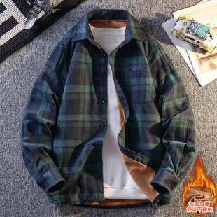 格子衬衫男加绒加厚潮流百搭磨毛外套潮流休闲秋冬大童长袖衬衣厚