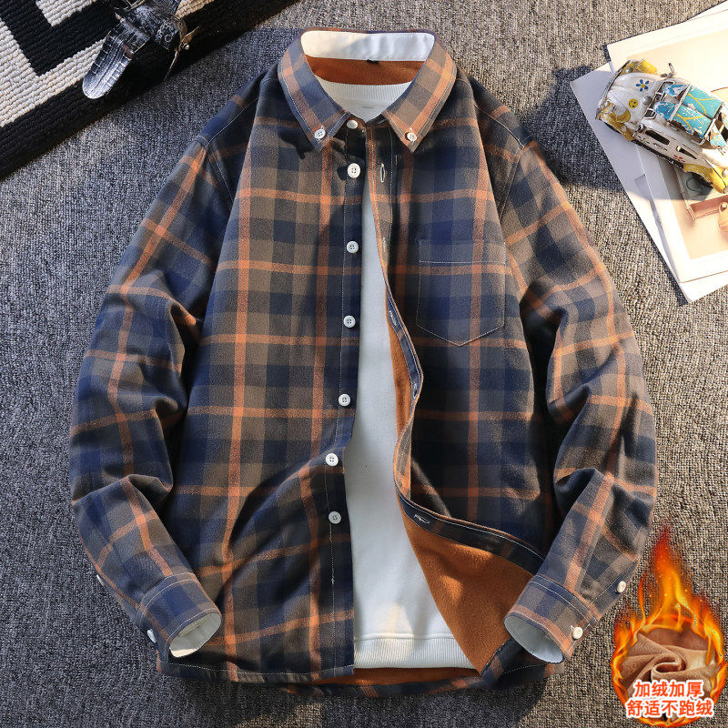 格子衬衫男加绒加厚潮流纯棉外套