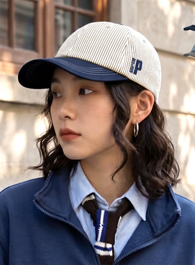 竖条纹拼接鸭舌帽女个性潮刺绣小字母棒球帽百搭帽子女款2026新款