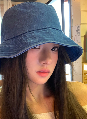 日系复古水洗牛仔渔夫帽女夏氛围感遮阳防晒帽大头围水桶帽子盆帽