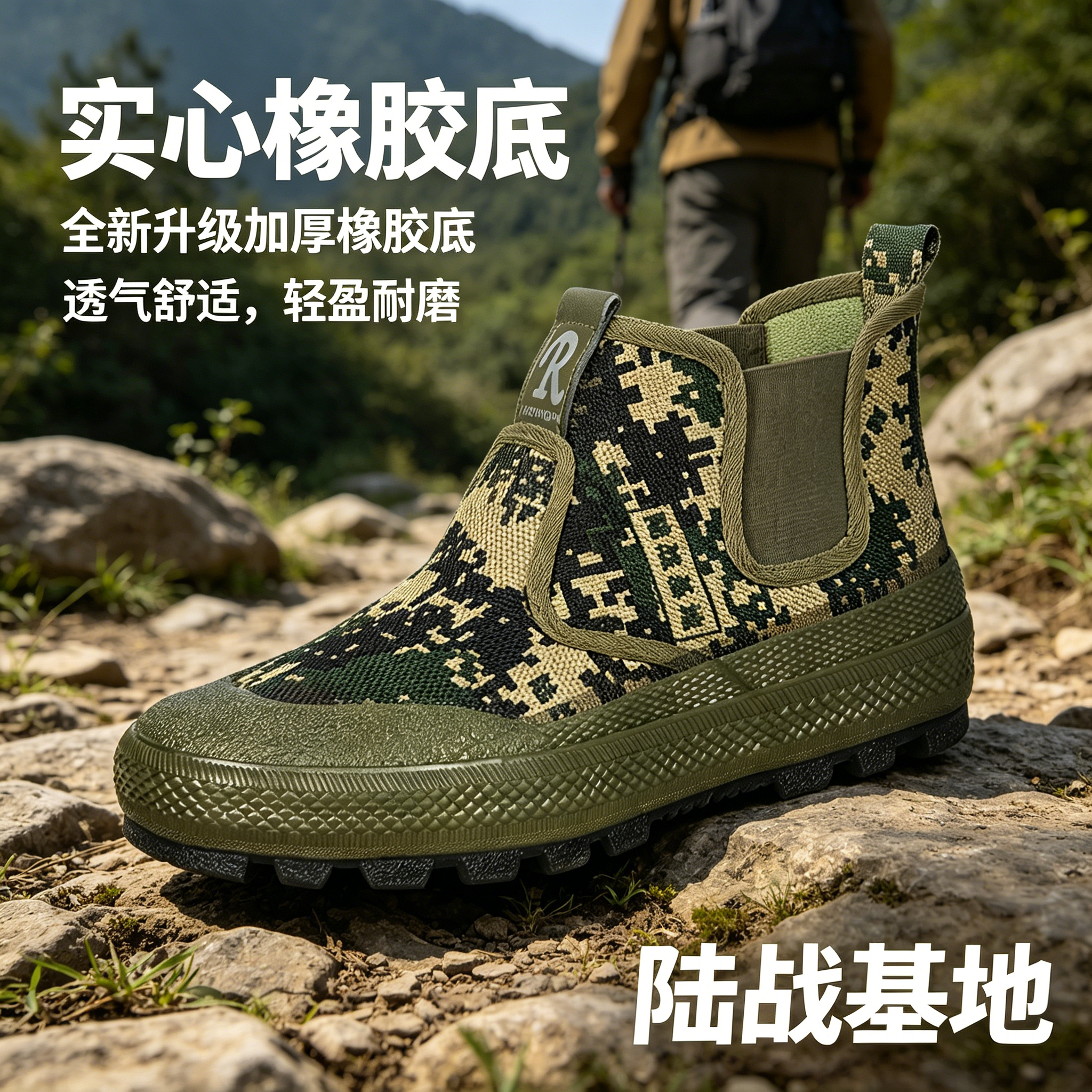 【实心橡胶底】新款陆战基地一脚蹬劳保鞋建筑防滑耐磨迷彩解放鞋